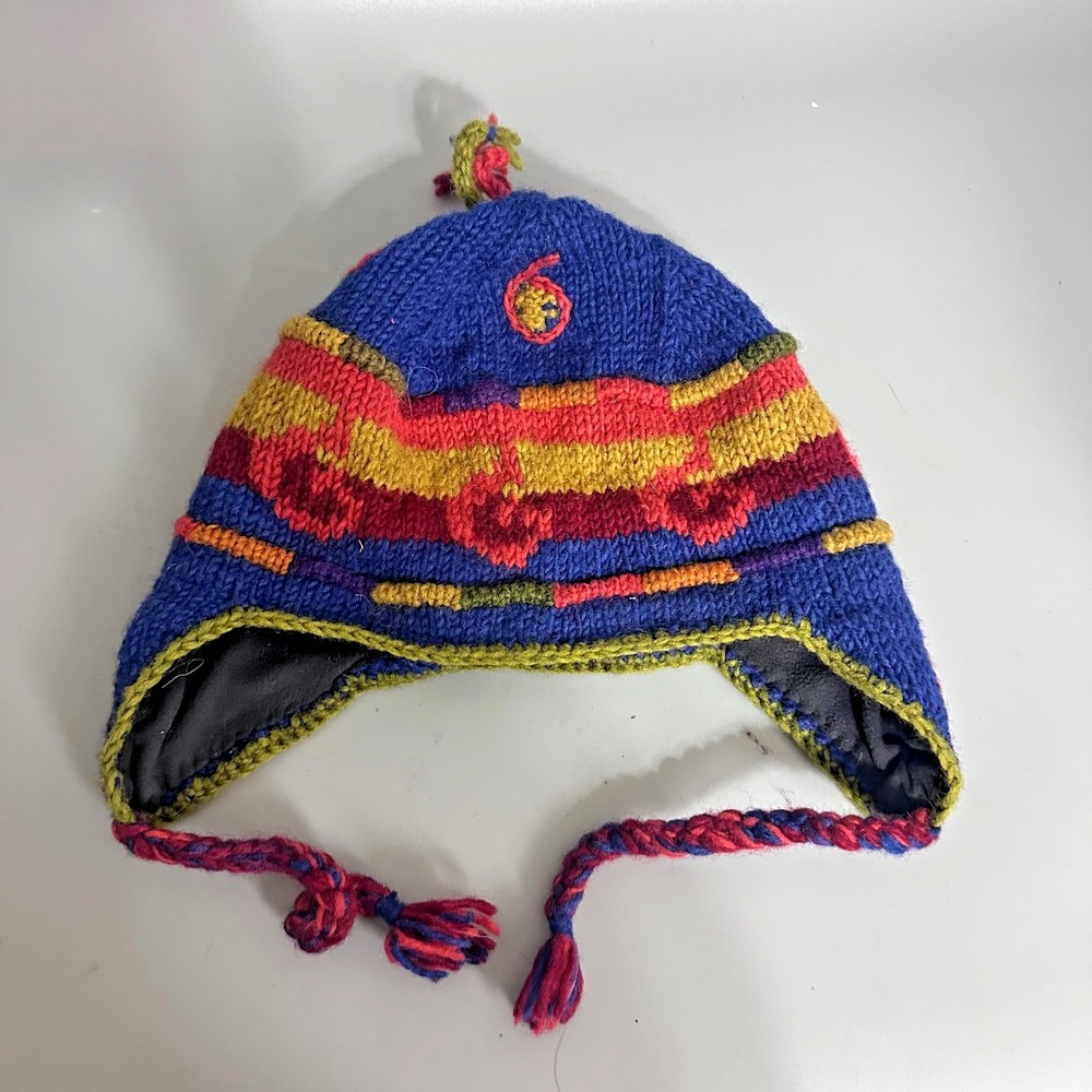 Lost Horizons Nepal Wool Knit Earflap Beanie Hat Blue Multi Fleece Lined